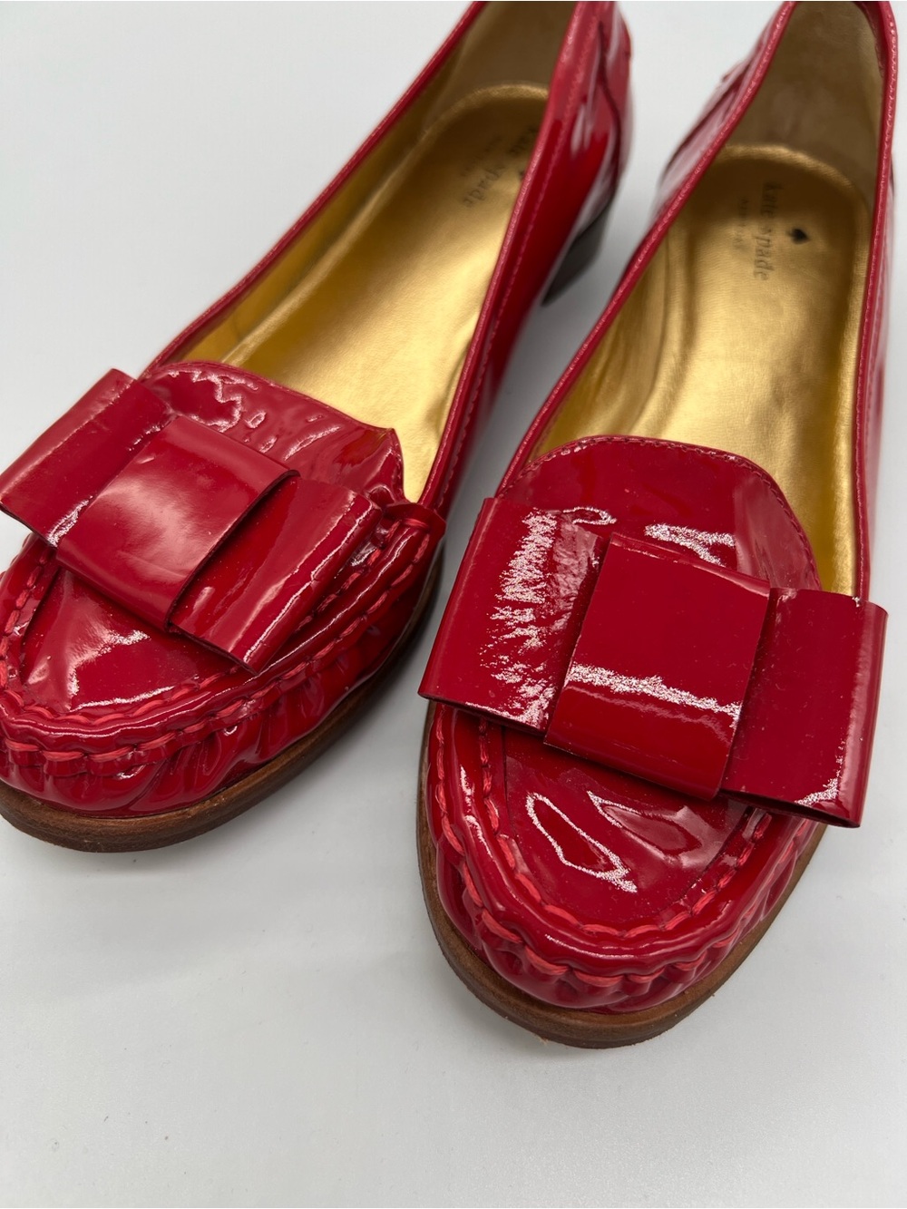 kate spade Red Patent Leather Bow Loafers with Gold Insole - Picture 2 of 6
